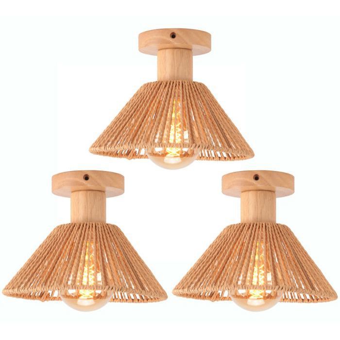 iDEGU 3pcs Plafonnier Rétro E27 Lampe de Plafond Abat-jour en Rotin et Bois Vintage Lustre Design Chapeau pour Couloir Salon
