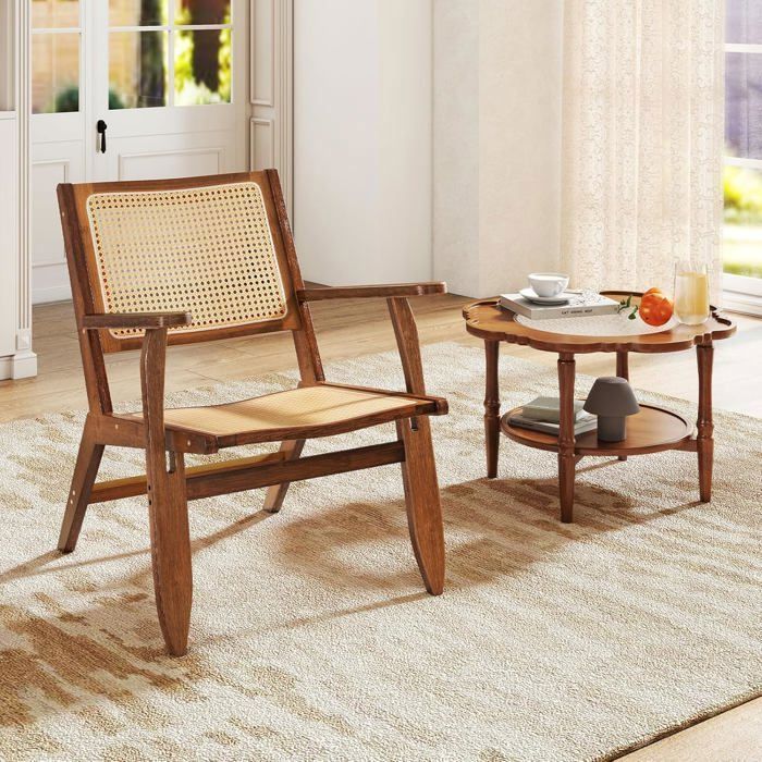 Fauteuil dAccent COSTWAY en Cannage Bohème - Dossier Incliné à 105°- Chaise de Lecture pour Salon et Chambre Noyer