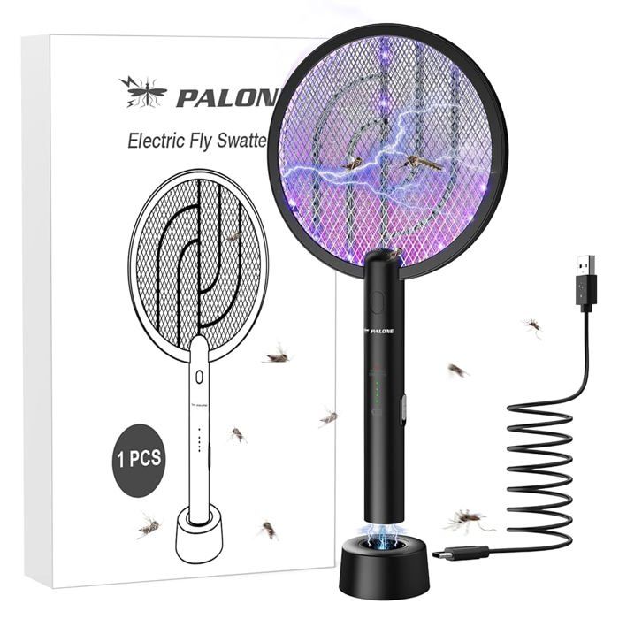 PALONE Raquettes Anti‑Moustiques Électriques Base Recharge UV Grille Sécurité 3 Couches Usage Intérieur Extérieur