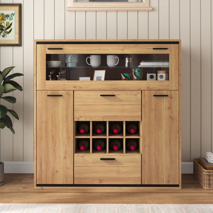Buffet haut - URBAN MEUBLE - effet bois - éclairage LED - porte-bouteilles - 3 portes Buffet haut - URBAN MEUBLE - effet bois - éclairage LED - porte-bouteilles - 3 portes