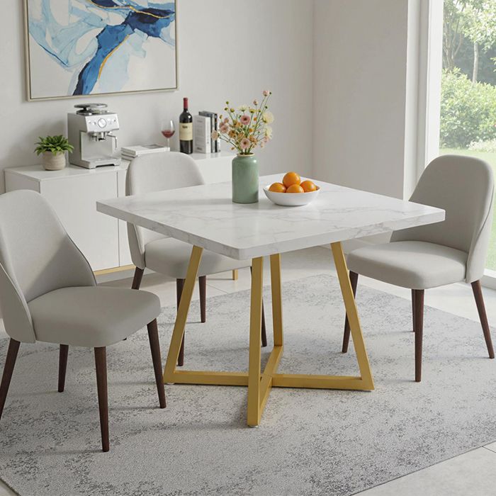 Table de salle à manger carrée - 80 ×75 cm - table de cuisine pour salle à manger - avec base en métal -blanc et doré