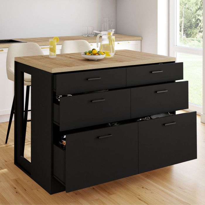 IDMARKET Ilot central mange-debout ORSO 120 cm casserolier 6 tiroirs noir avec plan de travail façon hêtre IDMARKET Ilot central mange-debout ORSO 120 cm casserolier 6 tiroirs noir avec plan de travail façon hêtre