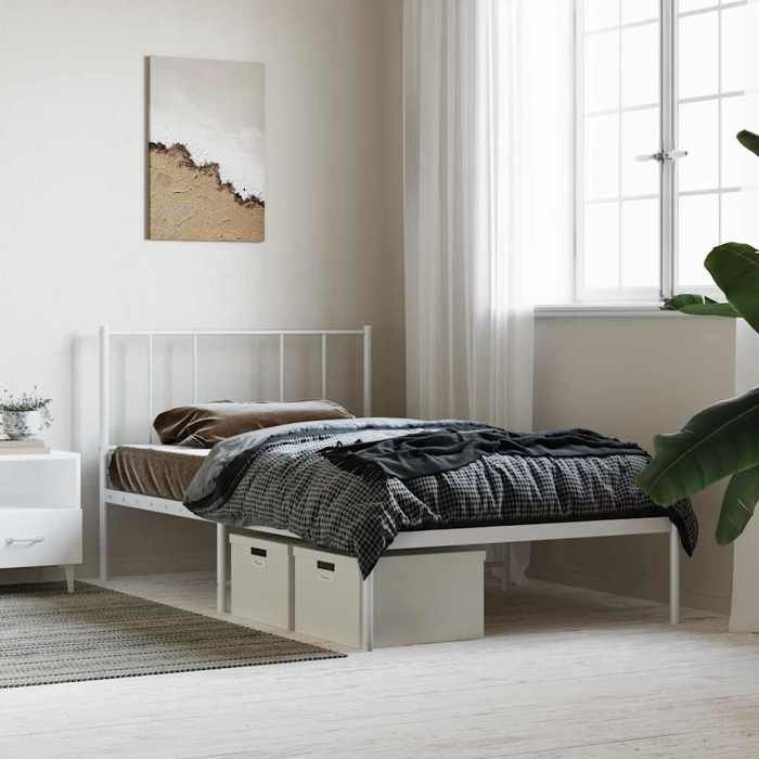 Cadre de lit métal avec tête de lit - WIENS - 80x200 cm - Blanc - Métal robuste - Espace de rangement