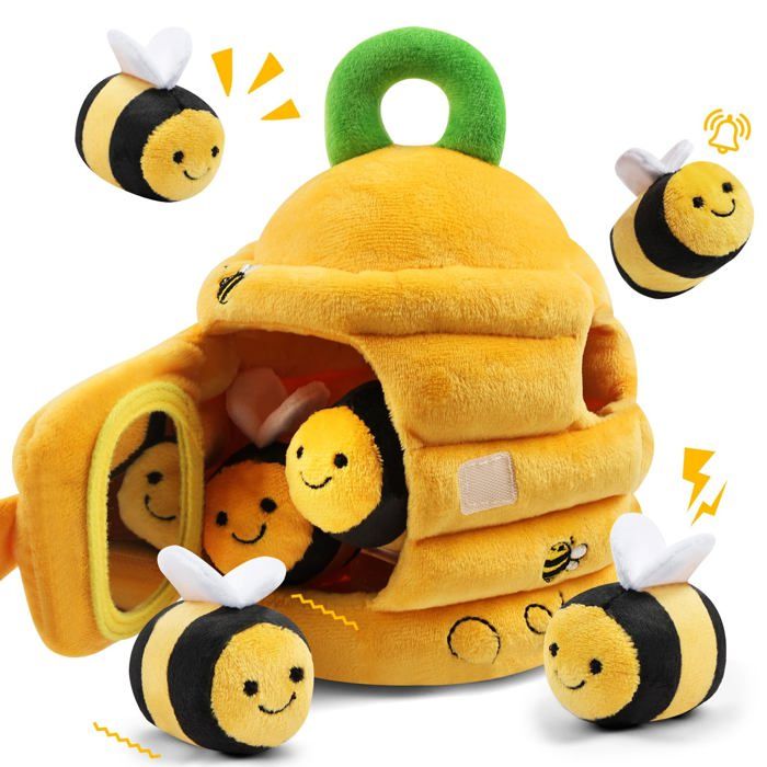 Ruche en Peluche Montessori Bébé 0 3 Ans - 5 Abeilles avec Hochets & Miroirs Sensoriels - Jouet dÉveil