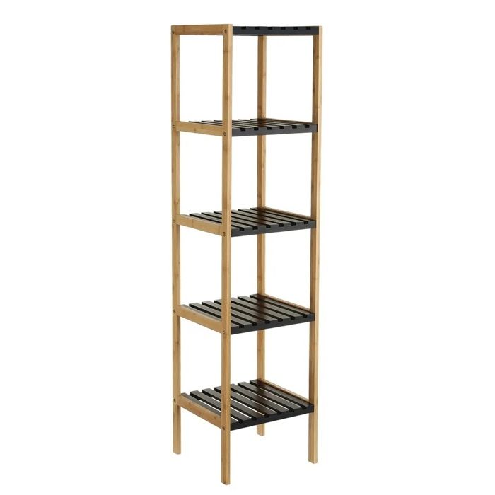 Meuble étagère - JUANIO - Colonne 5 niveaux - Bambou & MDF laqué - Noir - 34x33x140 cm