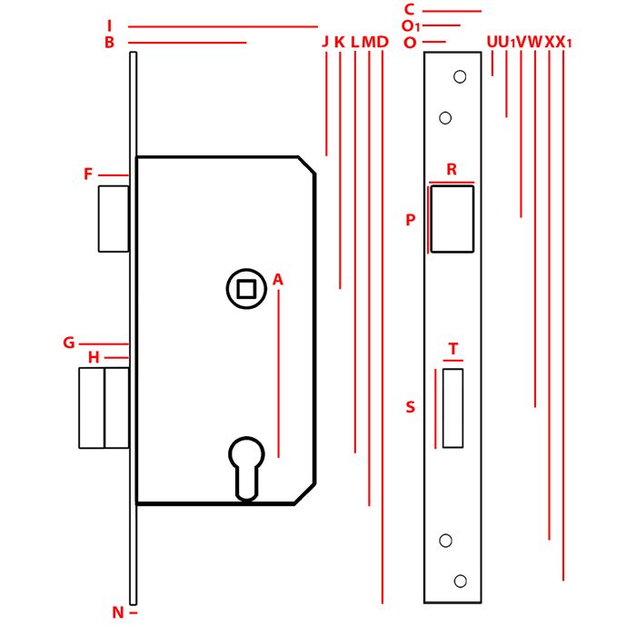 Serrure de portail encastrée - UN - Peinte - À clé - 90/63 - Levier inclus - Gâche incluse - Clé x2 - Vis x7