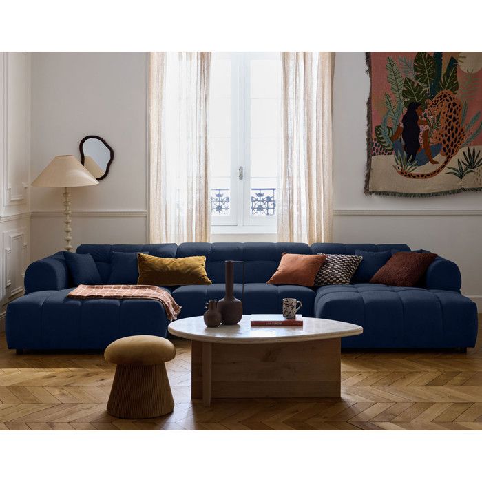 Ray - canapé panoramique en U 7 places en tissu texturé - Bleu