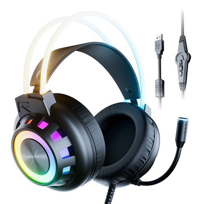 LOSEI Casque Gaming Filaire Hi-Res 7.1 Haut-parleurs 50mm Micro Flexible Câble USB 21m RGB pour PC/PS4/PS5/Xbox/Switch Noir