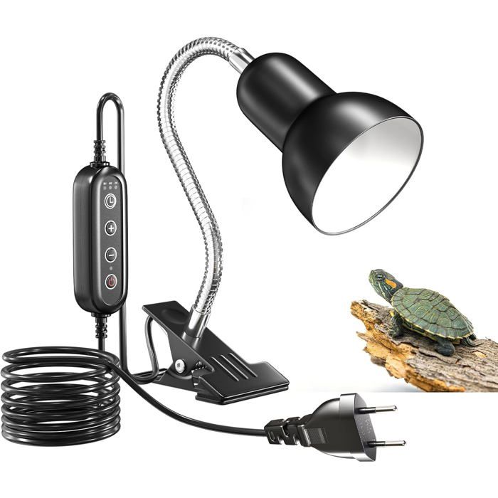 Lampe chauffante tortue E27 jusqu’à 100W avec minuterie et contrôle thermique – clip inclus sans ampoule .