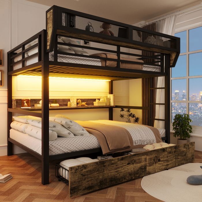 Lit superposé pour enfants 140 x 200 cm structure en fer avec étagère panier de rangement 2 tiroirs et éclairage LED noir