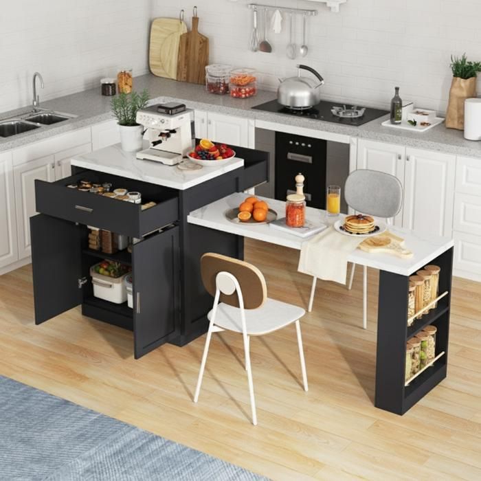 Îlot de cuisine extensible 133-202 cm – table pour 4-6 pers rangement 2 tiroirs 4 compartiments noir et blanc – CDiscount
