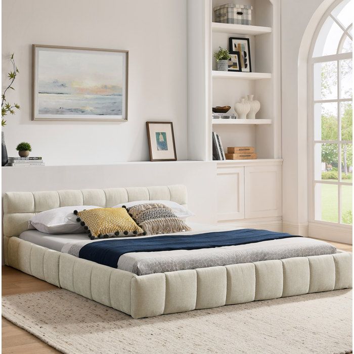 Lit double 160 x 200 cm en chenille beige avec tête de lit matelassée sommier à lattes sans matelas