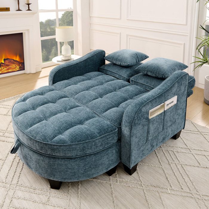 AESVAR canapé convertible 2-en-1 1 place avec pouf de rangement chenille bleue bois d’eucalyptus