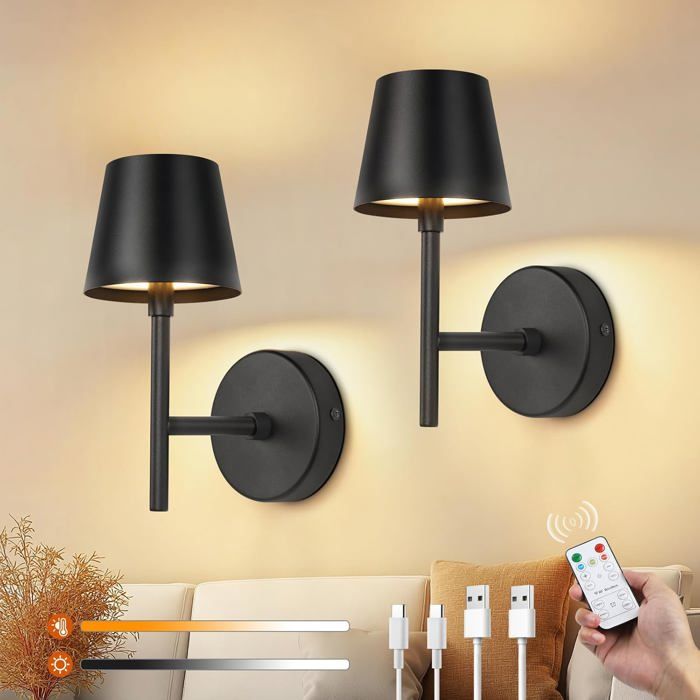 Lot de 2 appliques murales sans fil - rechargeables USB avec télécommande 3 températures de couleur dimmables et minuterie