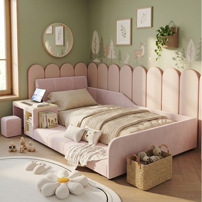 Lit combiné enfant 90x200 cm EVRYAE avec bureau tabouret et rangement intégré velours rose
