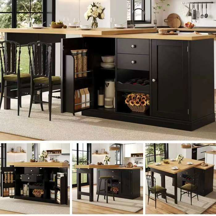 ilot de cuisine avec table extensible 120-197 cm - table à manger et sideboard avec rangement - avec tiroirs et portes - noir