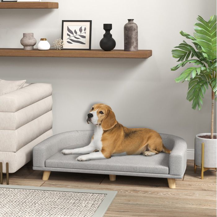 Fauteuil pour chien avec coussin structure surélevée et pieds en bois gris 98 x 67 x 25 cm