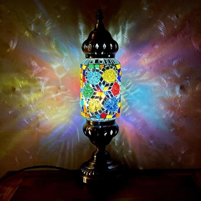 Lampe de Table Turque Marocaine Mosaïque en Verre Fait Main Base Bronze Lampe de Chevet Décorative LED Style 5 LAMPE A POSER