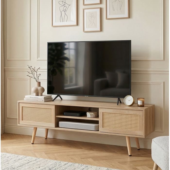 Meuble TV avec 2 Portes Coulissantes en Rotin 3 Étagères Réglables pour Salon en MDF Bois Naturel 140×40×46 5 cm