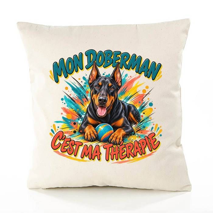 Housse de Coussin Mon doberman cest ma thérapie Coton Canvas Fairtrade 305 g/m² Zip Invisible Taille 40×40 cm Déco Canapé