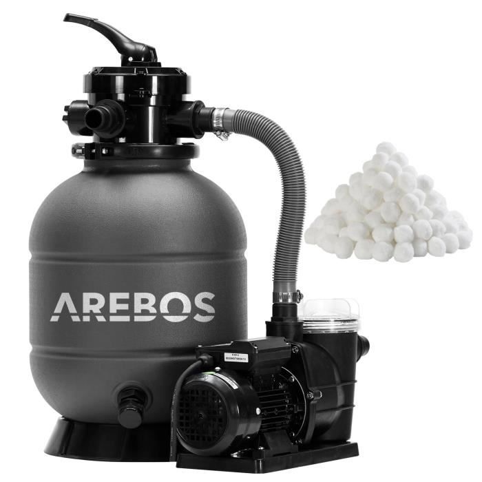 AREBOS Système de Filtre à Sable avec Pompe 400W + 700g de balles de Filtre |10200 L/h | Capacité du réservoir jusqu'à 20 kg |Gris
