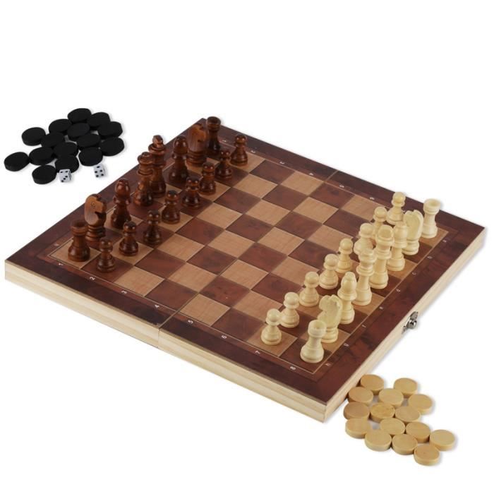 Jeu d'échecs fait à la main jeu d'échecs pliable table d'échecs en bois 3 in1 29x29CM