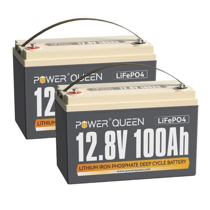 Power Queen Batterie Lithium LiFePO4 - 12V100Ah - 1280Wh - BMS 100A - Couleur Gris -L329*Pl72*H214mm - 2Pièces