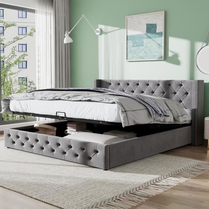 Lit coffre double 140x200 cm lit capitonné en velours avec sommier gris