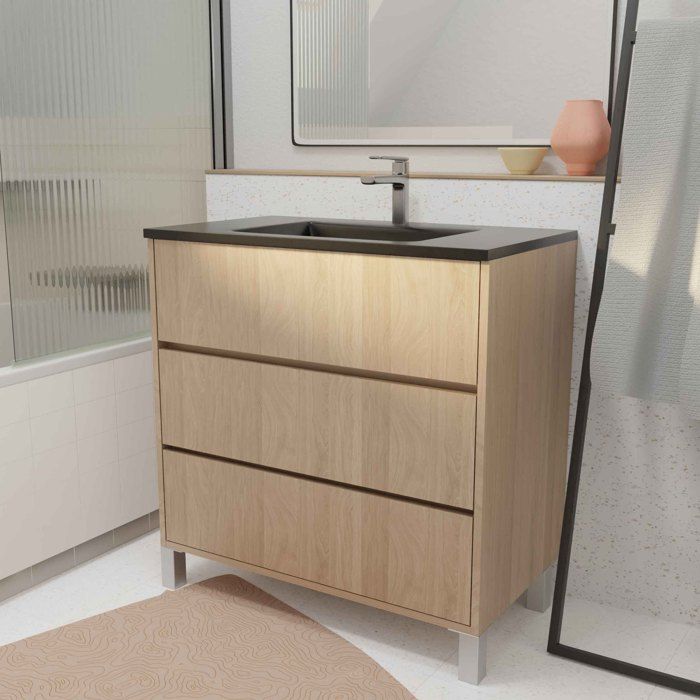 Meuble de salle de bains 80 cm 3 Tiroirs Chêne Clair + Vasque Céramique Noire - XENOS