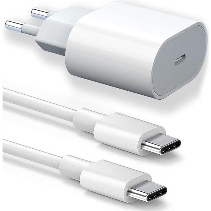 Chargeur USB-C iPhone 15 + câble iPhone 2M - Chargeur rapide 20W