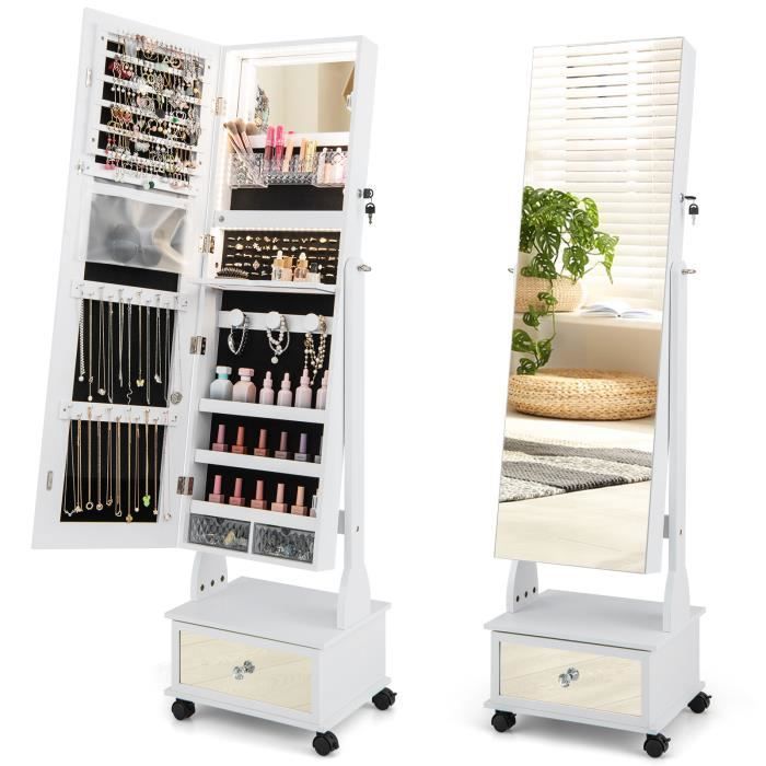 COSTWAY Armoire à Bijoux sur Pied - 4 Roues Verrouillables Miroir Pleine Longueur Lumières LED Tiroir Serrure et Clé - Blanc