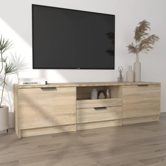 Meuble TV - ESTINK - Chêne sonoma - 140x35x40 cm - Bois dingénierie - Design contemporain