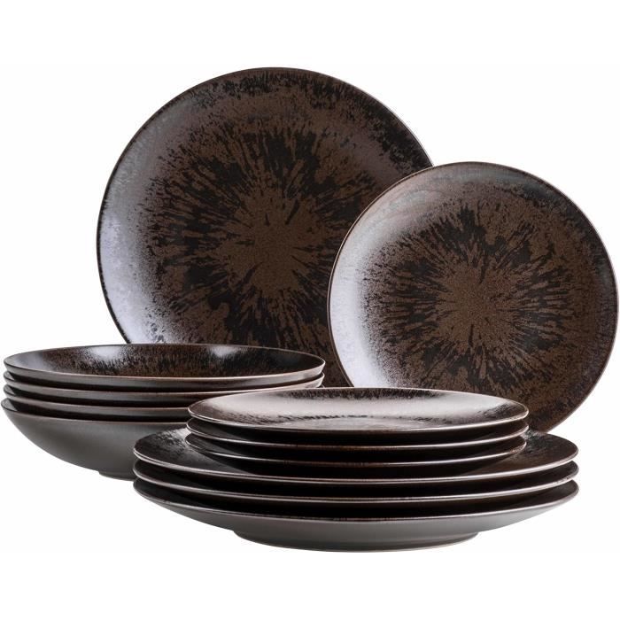 MÄSER Service de table Metallic Bronze 12 pièces en grès – assiettes Ø27/22/21 cm vernis métallisé