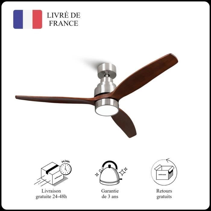 Mellerware - Ventilateur de plafond avec télécommande Brizy! Bright 45W Silencieux 3 lames 132cm 6 vitesses LED Bois foncé - Mellerware