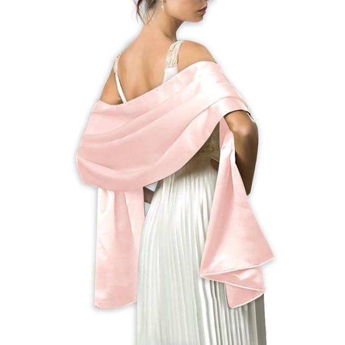 écharpe femme châle foulard étole pashmina en satin unicolore elegant soirée bal mariage cadeau grande taille 175x70cm rose pâle