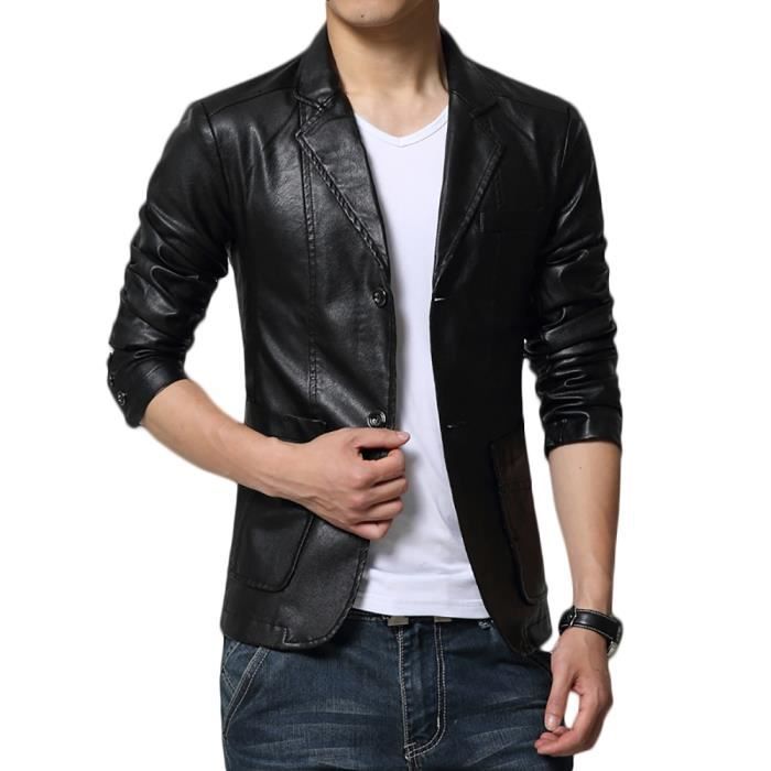 Veste Homme En Cuir Col Tailleur En Casual Coupe Slim Ouverture
