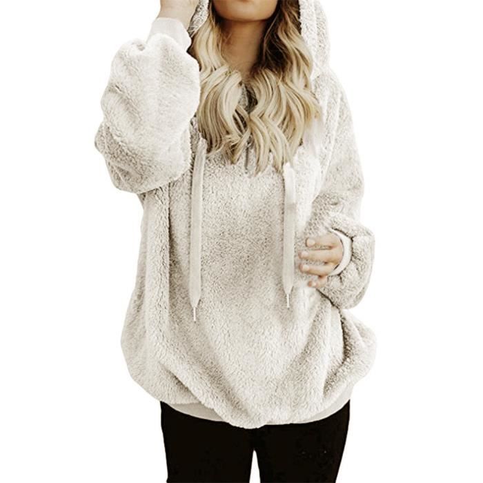 Veste Polaire Double Face À Capuche Pour Femme Avec Poche Zippée Manches Longues Blanc Xxxxxl T