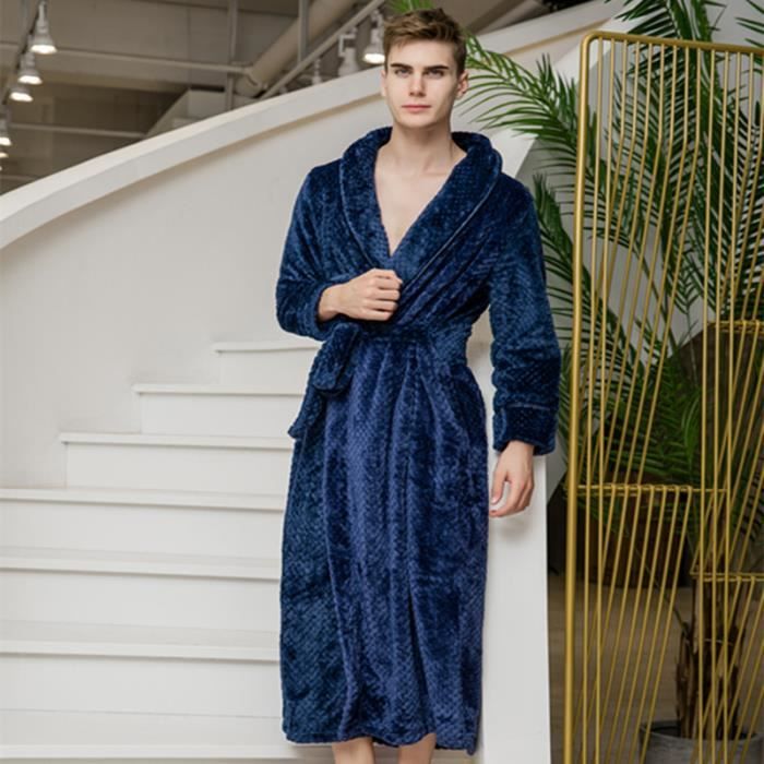 Peignoir de Bain Homme Col Châle Flanelle Peignoir Polaire Chaud Epaisse  Couleur Unie Automne Hiver