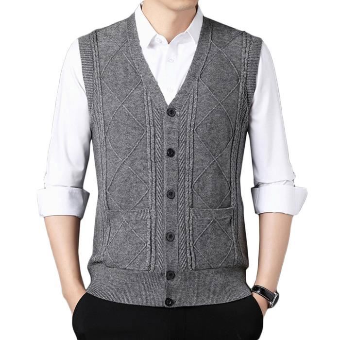 Gilet Homme en Tricot Col V Sans Manches Cardigan Automne Hiver