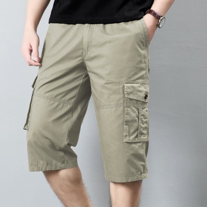 Pantacourt Cargo Homme Ete Taille Elastique Coupe Droite Pantalon Court Multipoches Taille Elastique Couleur Unie Kaki