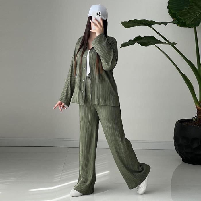 Ensemble Décontracté Femme Amropi - Haut V Col Pantalon Large - Tenue Confort Lounge