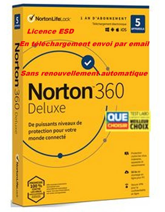 Sans CB - NORTON 360 DELUXE 2024 sans Abonnement 5 Appareils PC MAC Android - 1 AN - 50GB CLOUD - Envoyé par mail - ESD