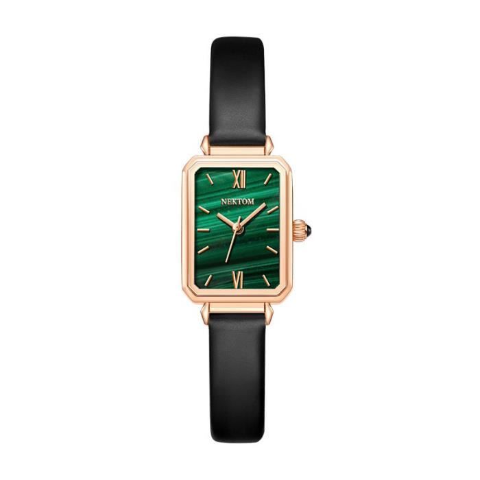Montre femme marque quartz haut de gamme cadran rectangulaire bracelet en cuir cadran vert malachite haut de gamme temperament noir Achat vente montre Femme Adulte Noir Cuir Cdiscount