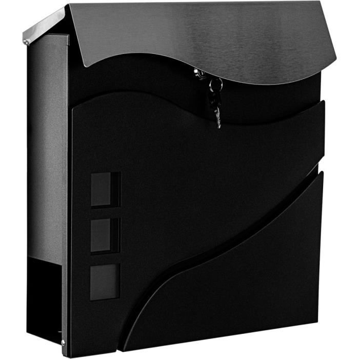 STILISTA® Boîte aux lettres murale "Austin", métal thermolaqué et acier inoxydable, L 37 x H 37 x P 11 cm, couleur noir
