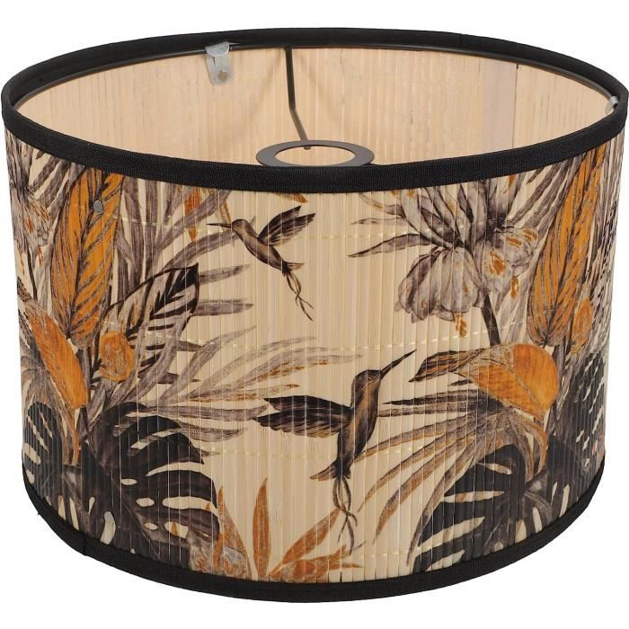 Abat-Jour Tambour Vintage En Bambou Imprimé Fleur - Accessoire Lampe Table Et Lampadaire - Décoration Élégante