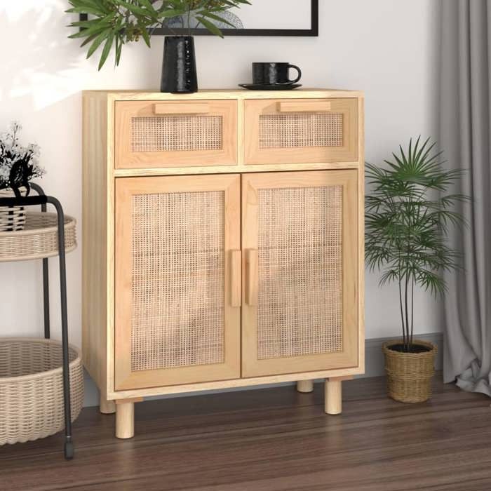 vidaXL Buffet Marron 60x30x75 cm Bois de pin massif et rotin naturel 345638