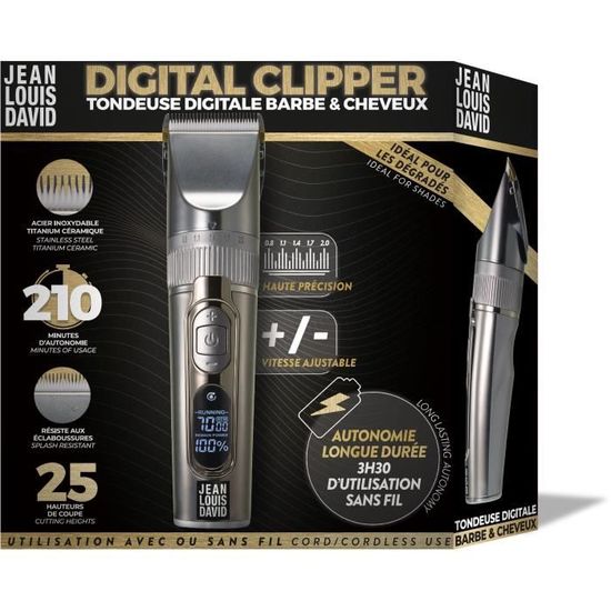 Tondeuse à Cheveux Pro JEAN LOUIS DAVID - 20 Hauteurs De Coupe, Lames Céramique/acier, Autonomie 120 Min, Rechargeable