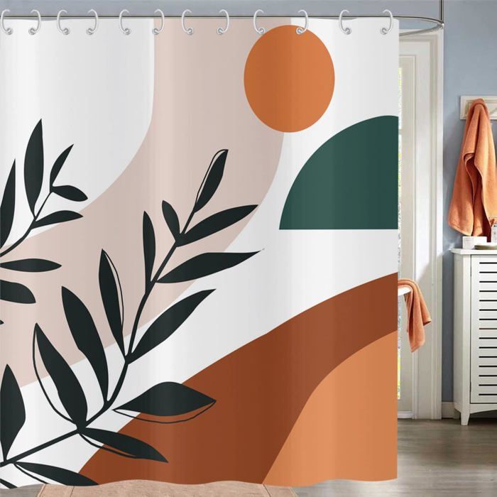 Rideau De Douche Boho 180x200 Cm – Mid Century Abstrait Feuilles Tropicales Bleu Marine Or Rose, Géométrique Minimaliste, Imperméable & Lavable
