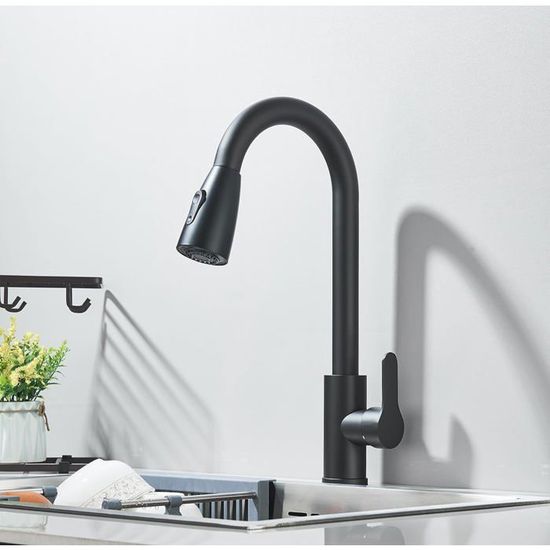2PCS Mitigeur Cuisine à Ressort avec 2 Modes de Sortie D'eau Mitigeur de Evier avec Douchette Extractible Robinet Cuisine Pivotant à 360° Noir | Leroy Merlin