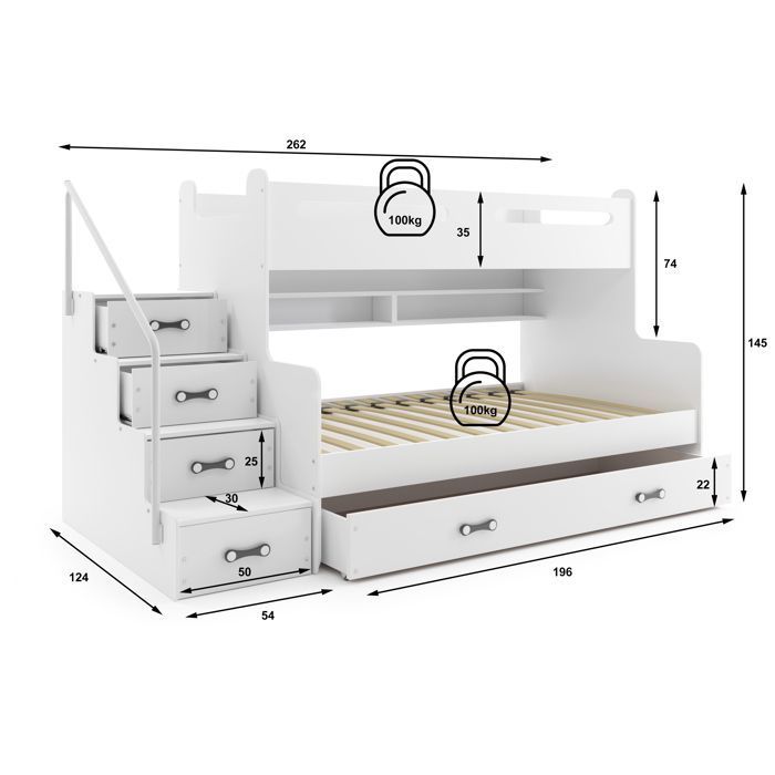 Lit Superposé Enfant Interbeds En Bois – 200x80/120 Cm, 5 Tiroirs, Barrière Sécurité, Charge 100kg, Escalier Inclus - 10